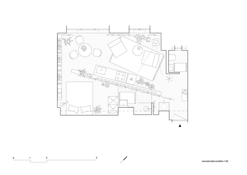 Floor plan drawing showing the renovated layout with furniture and planted terrace