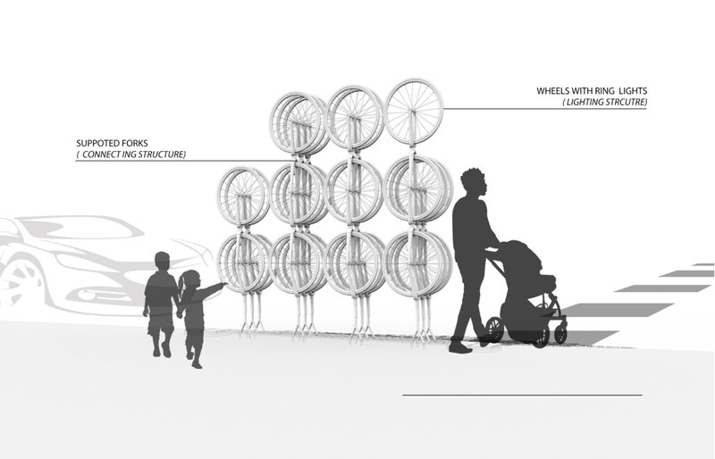 Accessible seating design using bicycle frames, enabling comfort and inclusivity for diverse urban users.