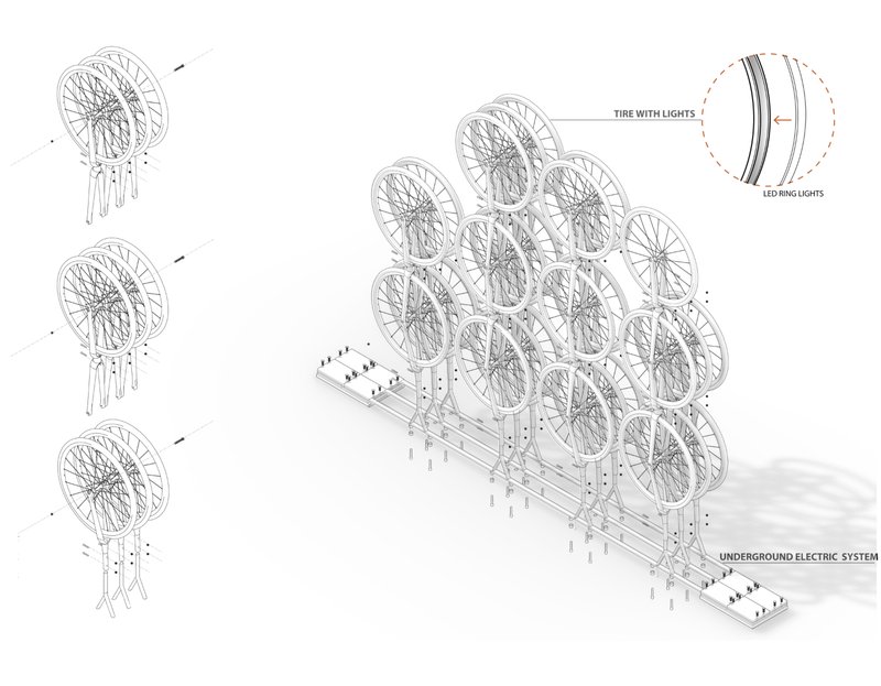Interactive Bicycle Sculpture: Motion-activated lights from recycled bicycle wheels for public streets and walkways.
