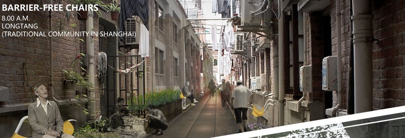 Barrier-Free Seating: Repurposed bicycle frames offering inclusive seating in Shanghai's traditional Longtang neighborhoods.