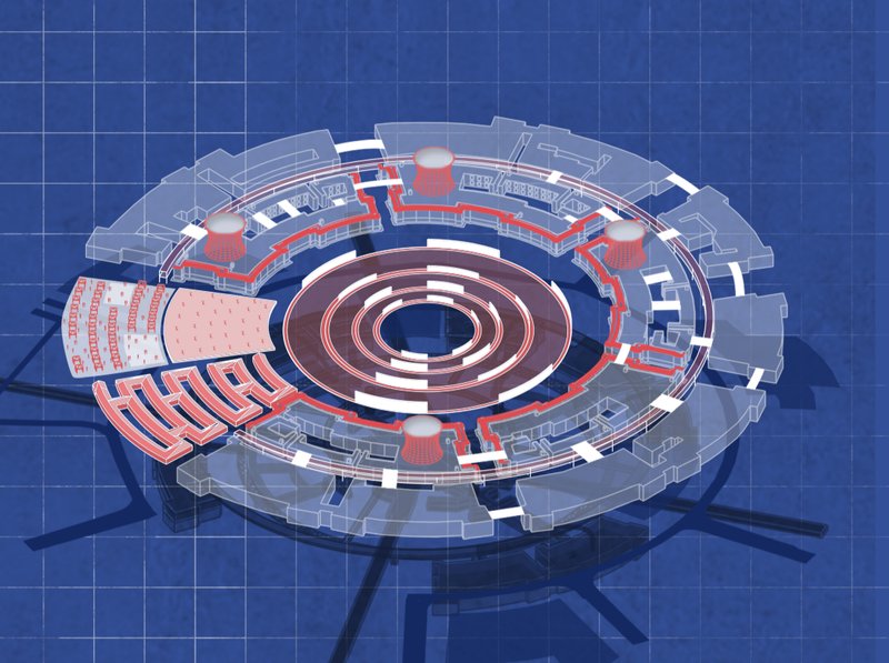 Architectural visualization of Connaught Place's layered functionality in Neo Delhi's sustainable design.