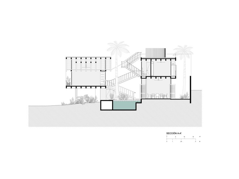 Section drawing revealing staggered volumes connected by outdoor stairs with palm trees and a pool below