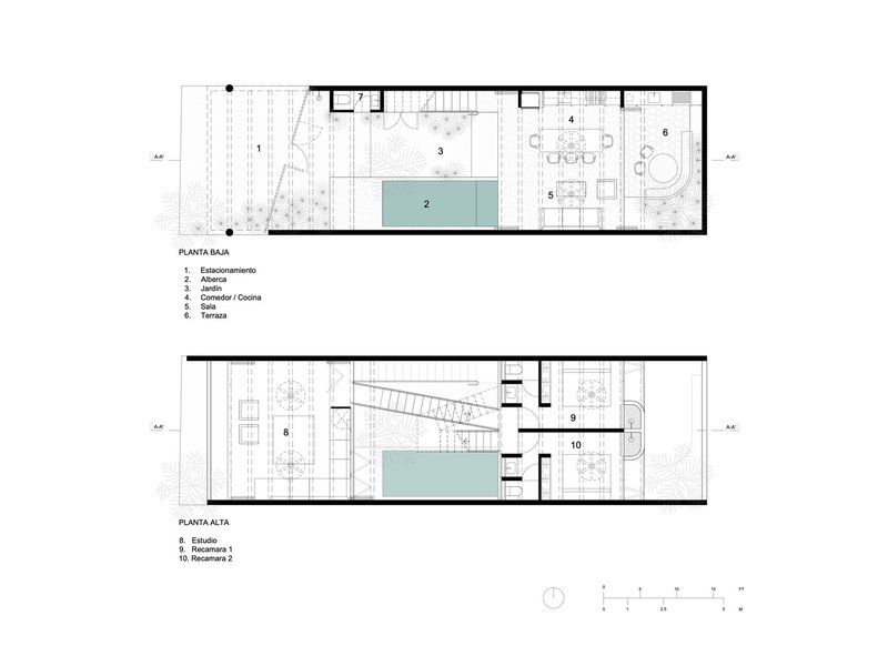 Ground floor and upper floor plan drawings with central pools and flanking living spaces