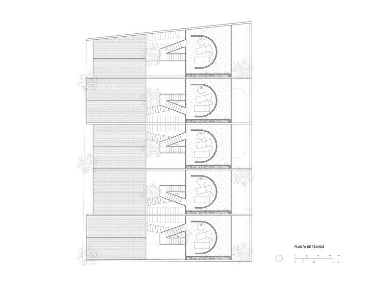 Roof plan drawing showing five units with horizontal slat screens and circular terraces with stairs