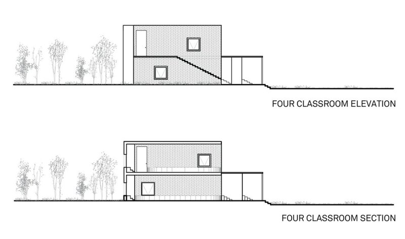 Elevation and section drawings showing the stepped classroom block with textured wall panels and trees