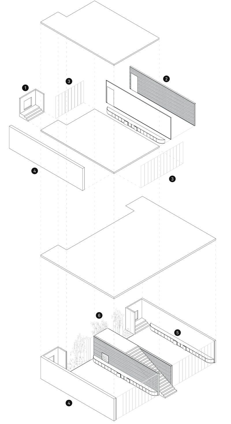 Exploded axonometric drawing showing the layered assembly of floor slabs, wall panels and roof components