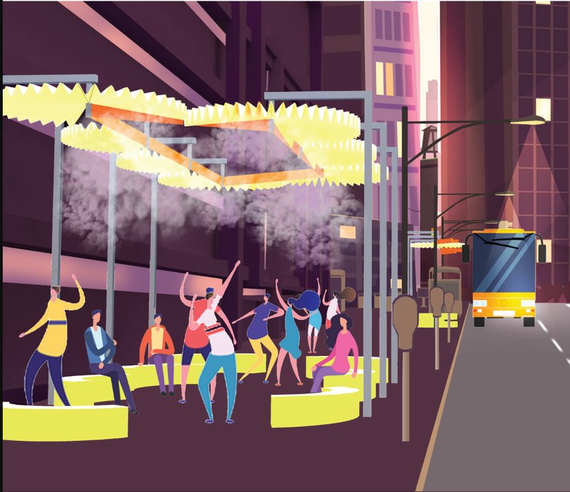 Vibrant Urban Interaction – A dynamic public space fostering social engagement with interactive canopies and smart seating.