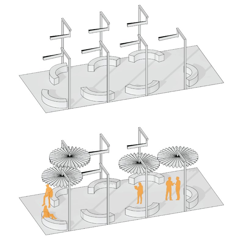 Urban Canopy System – A flexible shading solution evolving dynamically with urban life and community interactions.