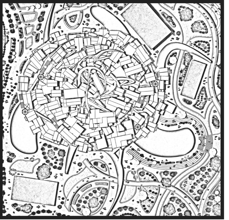 Site plan drawing showing spiral residential cluster surrounded by parkland and water bodies with trees