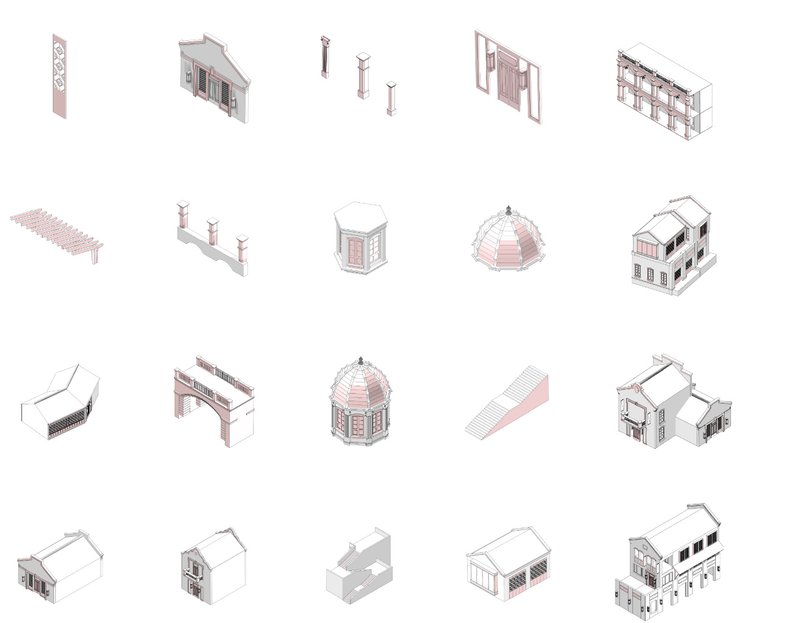 Isometric drawings showing twenty variations of facade elements, columns, domes, and massing configurations