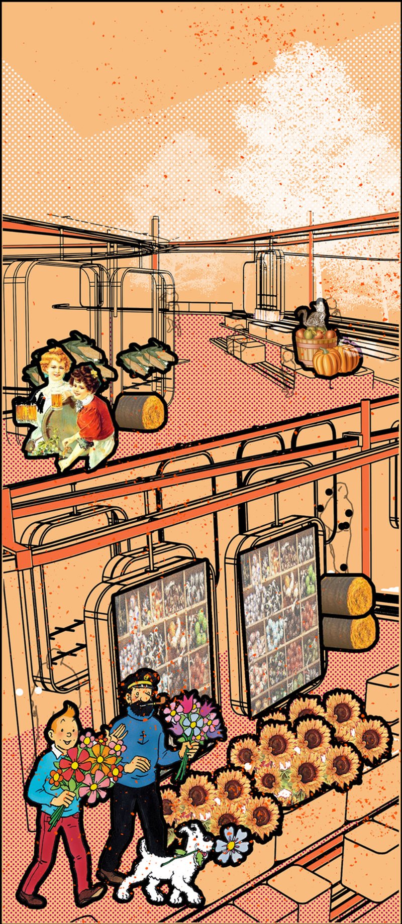 A dynamic retail space embracing the warmth of fall, featuring seasonal produce, festive decor, and a lively marketplace experience.