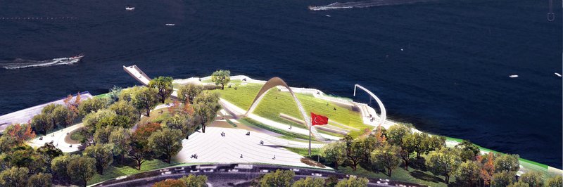 Aerial view of waterfront park with white arching structure, green lawn, and surrounding trees along the water's edge