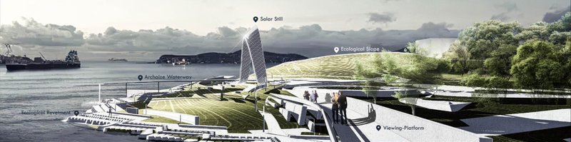 Rendered waterfront view showing the sail-like structure, terraced lawn, and viewing platform under overcast skies