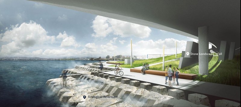 Rendered view from beneath the elevated structure showing the stepped revetment and people on the promenade
