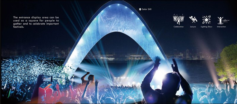 Night rendering of the illuminated arch structure with crowds gathered for a performance or festival