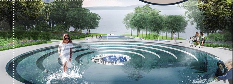 Circular stepped fountain with concentric blue rings where children wade through shallow water