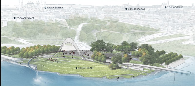 Rendered perspective showing the arched structure on a peninsula with trees and waterfront promenades