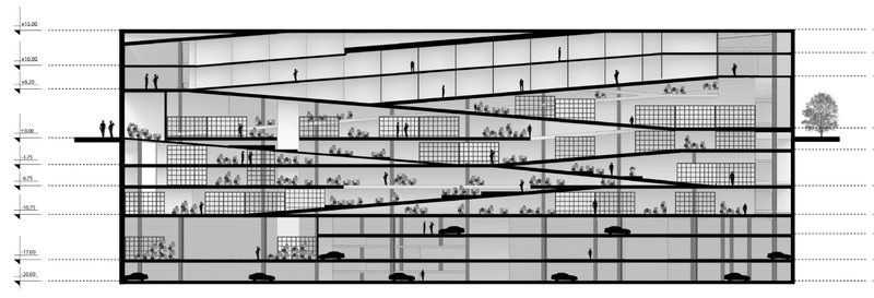 Vertical Warehouse Cross-Section – A detailed section illustrating sloped pathways and multi-level storage integration.
