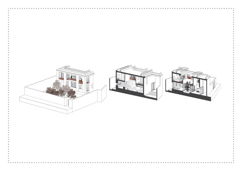 Axonometric sequence showing the building envelope, structural section, and interior spatial arrangement with courtyard