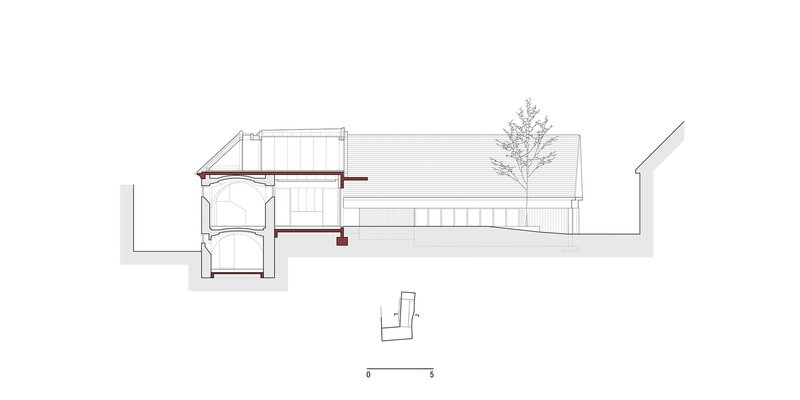 Longitudinal section drawing revealing the internal volumes, roof profile and a tree in the courtyard space