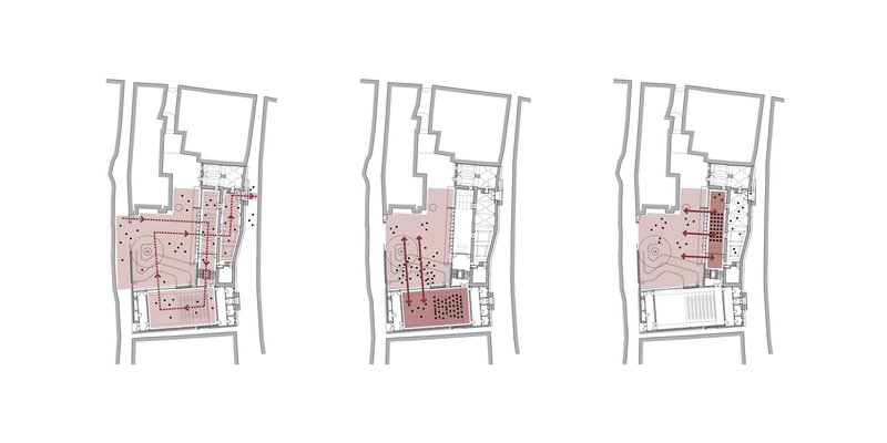 Three sequential floor plan drawings highlighting different program zones in pink across multiple levels