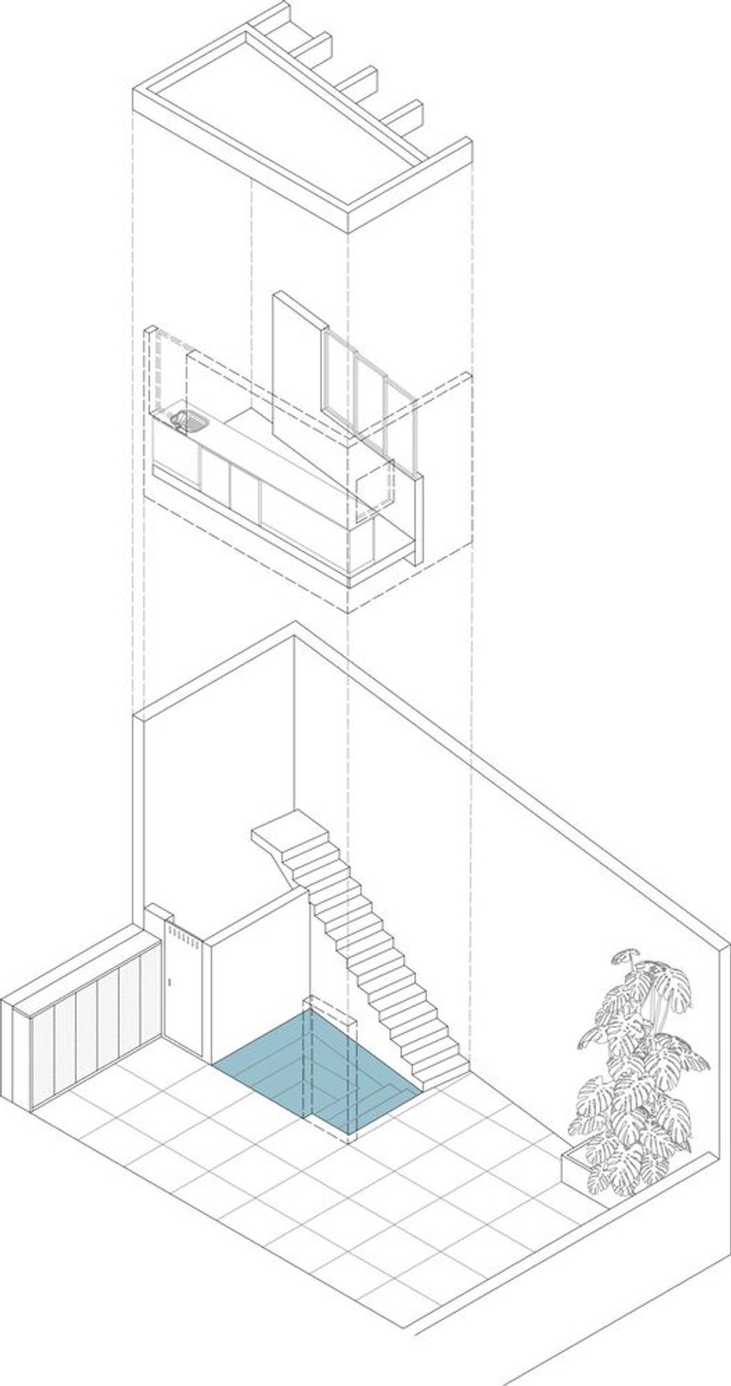 Axonometric drawing showing vertical section through three levels with staircase and blue pool