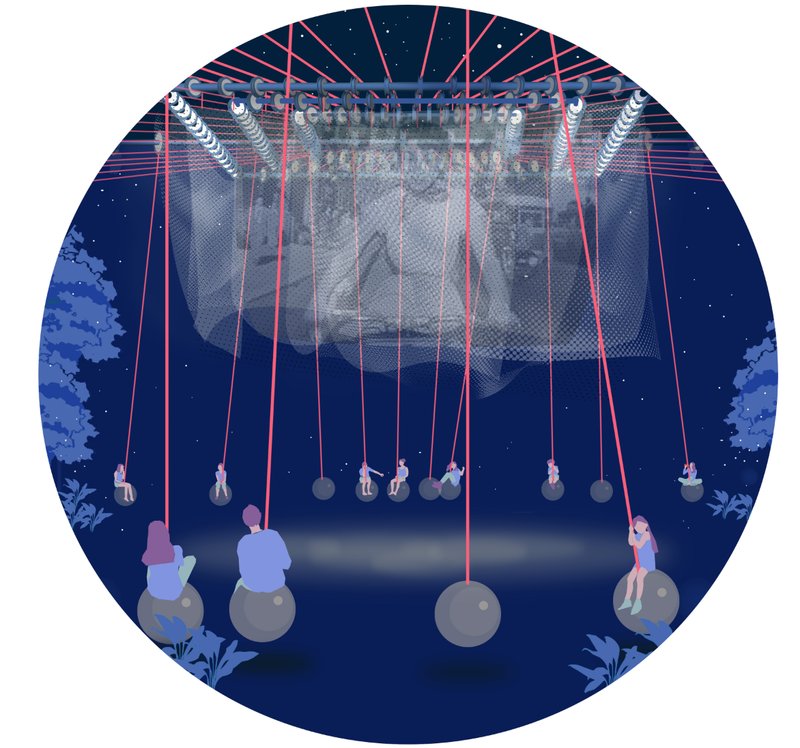 Floating Cinema Experience – A unique outdoor theater with suspended seating, offering an immersive cinematic experience under the night sky.