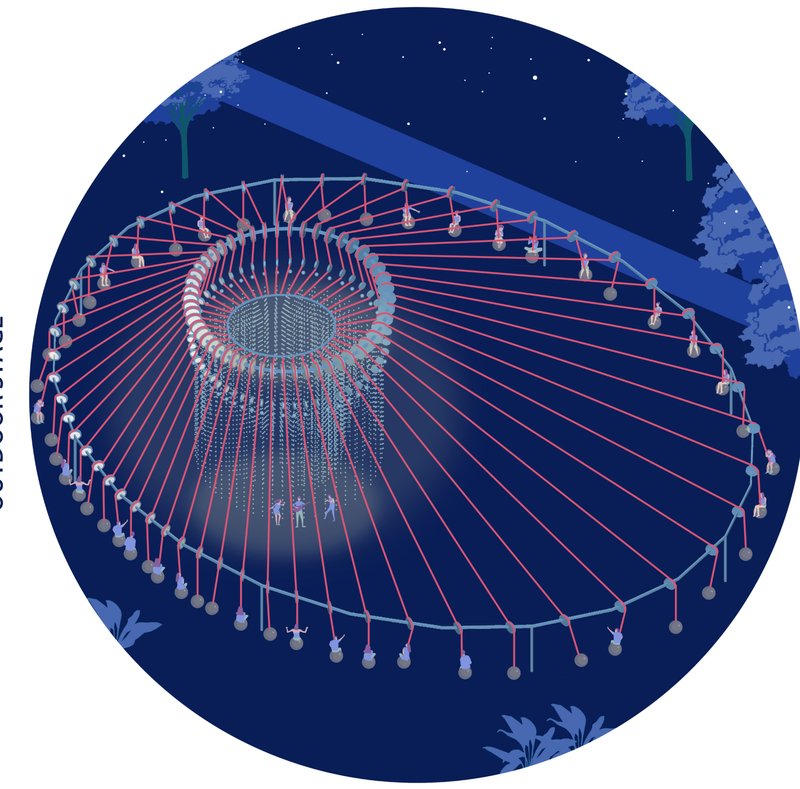 Circular Light Stage – A mesmerizing structure that creates a glowing performance space, drawing people into an artistic spectacle.