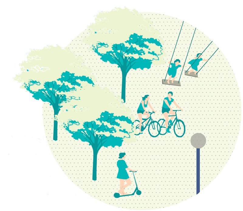 Daytime in Public Parks – A vibrant urban space where people engage in cycling, scootering, and swinging under lush green trees.
