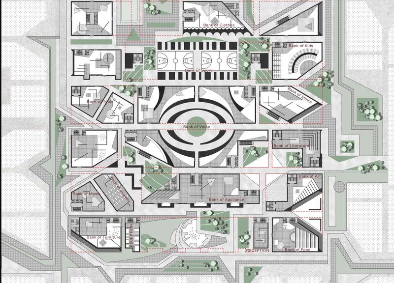 Site plan drawing showing a central circular courtyard surrounded by irregular pavilion footprints and planted courtyards
