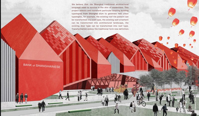 Street view rendering of a series of red gabled volumes with pedestrians and cyclists on a plaza