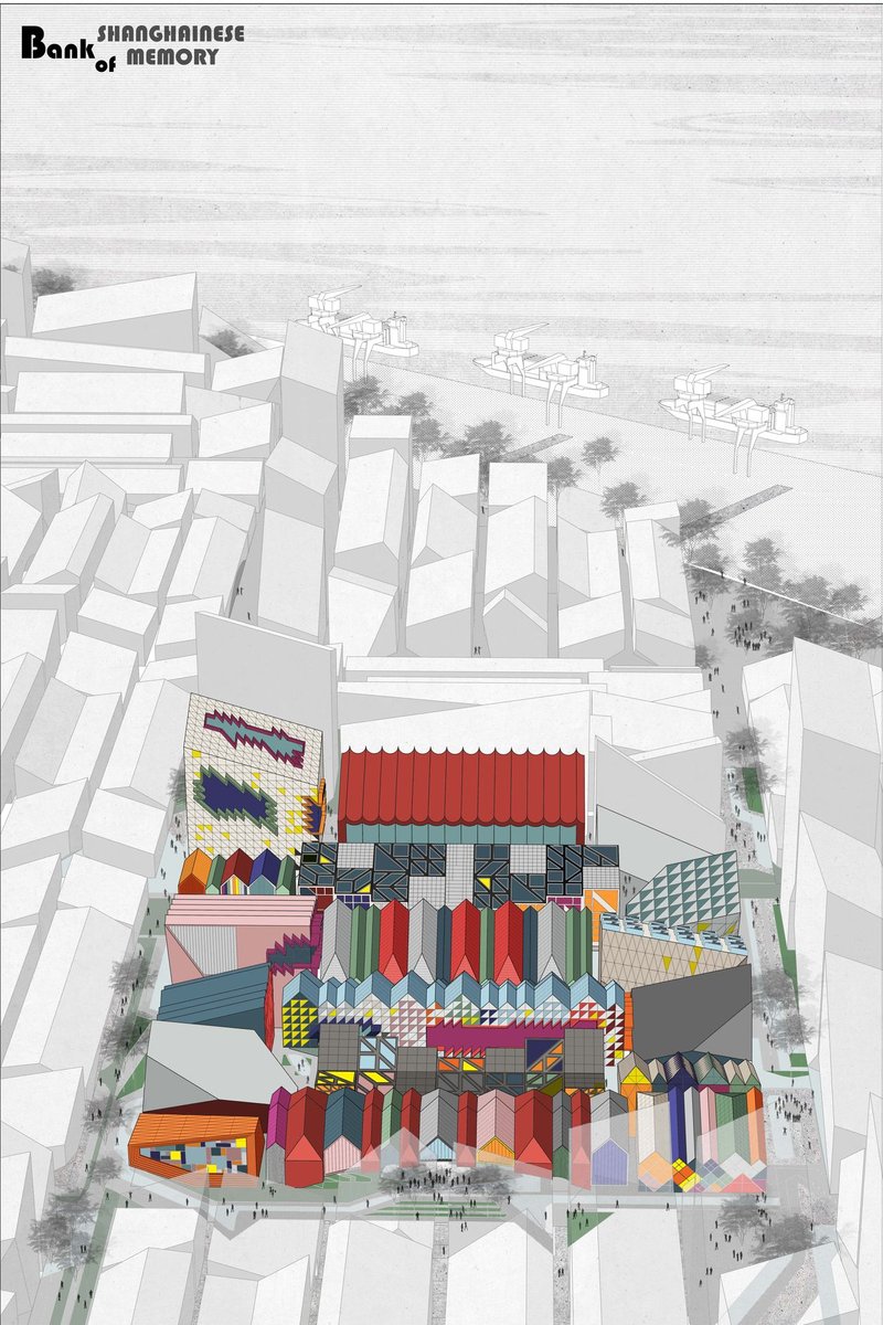 Aerial axonometric drawing showing a cluster of pavilions with patterned facades amid monochrome urban context