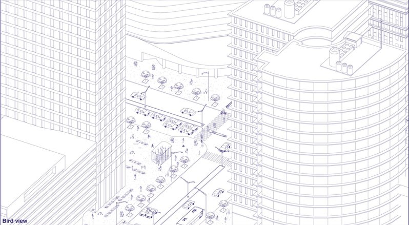 Bird View – Aerial perspective of the installation within the urban fabric.