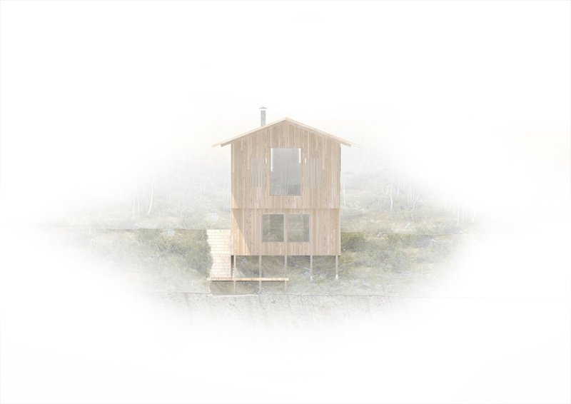 Frontal view of the vertical timber-clad volume with stacked windows emerging from heavy fog
