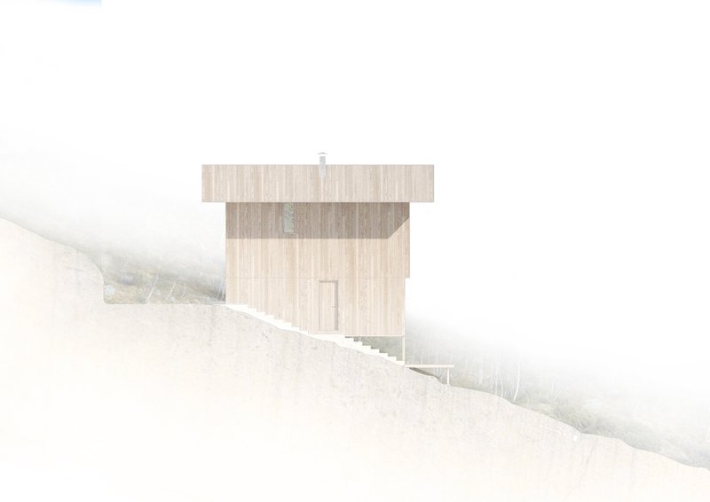 Rear facade of the stacked timber structure anchored into a snow-covered slope in dense mist