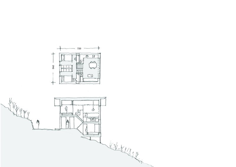 Floor plan and section drawing showing a two-story timber structure embedded into a sloping hillside with vegetation