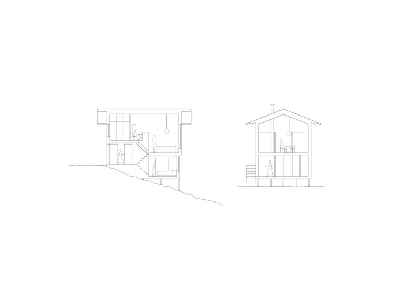 Section drawings depicting interior spatial volumes with stairs and pitched roofs on sloped terrain