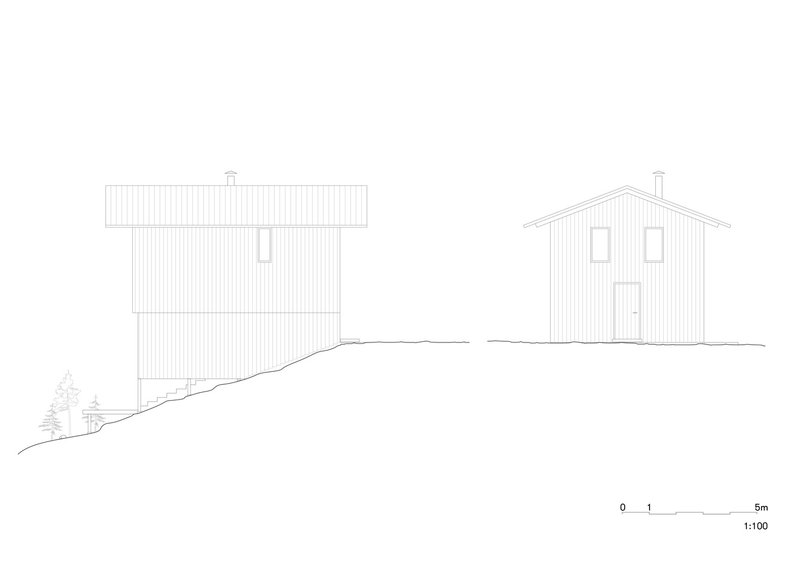 Elevation drawing showing two adjacent timber volumes with chimney stacks on sloping ground