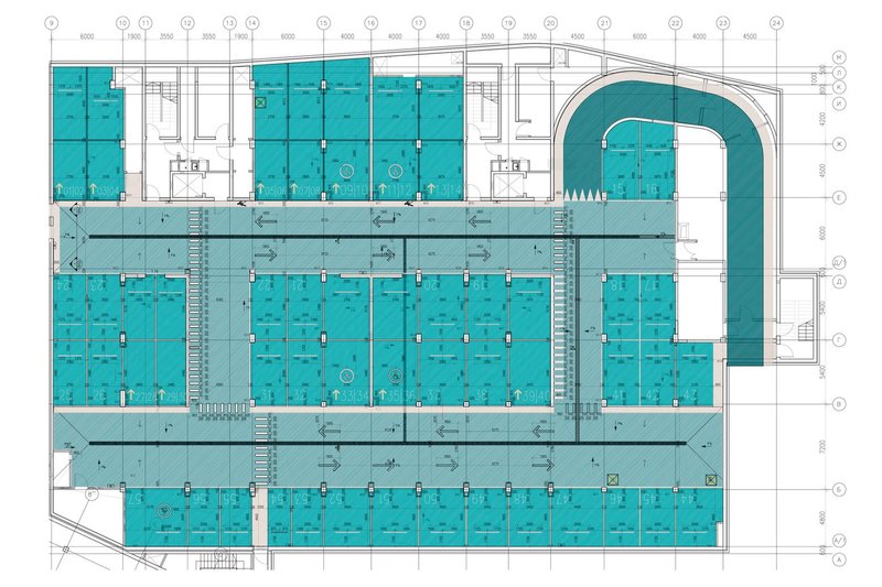 Architectural blueprint of Reef Residence Sochi's underground parking: A meticulously designed layout optimizing space, flow, and efficiency.