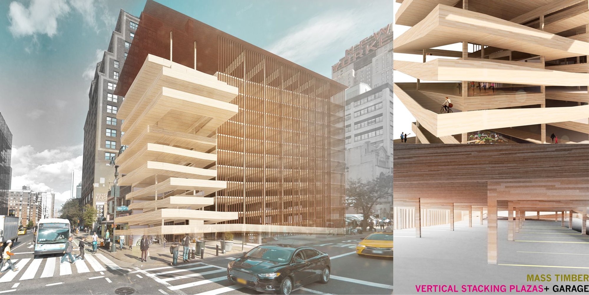 Urban Architecture: Mass Timber Vertical Stacking Plazas + Garage
