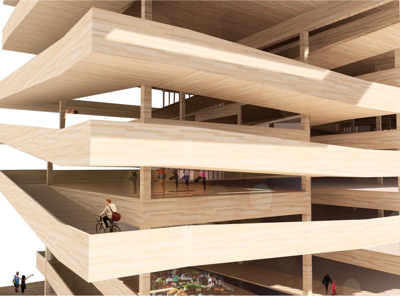 A mass timber structure featuring interconnected pedestrian and cycling ramps alongside mixed-use urban plazas.
