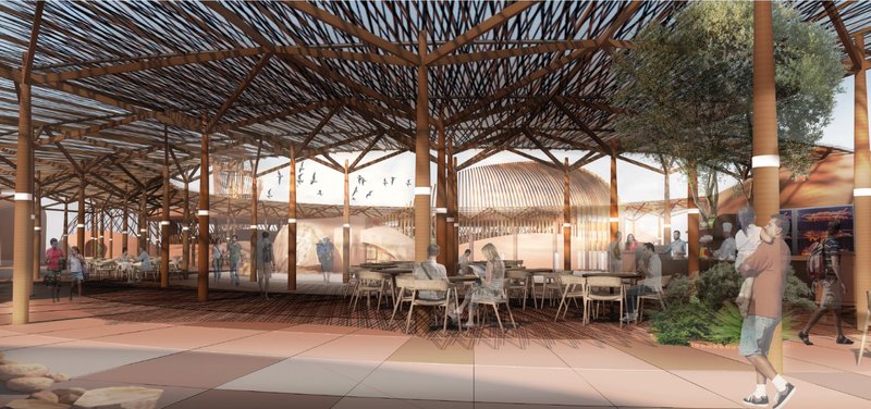 Open-Air Market – A shaded communal space fostering social interaction and local trade.