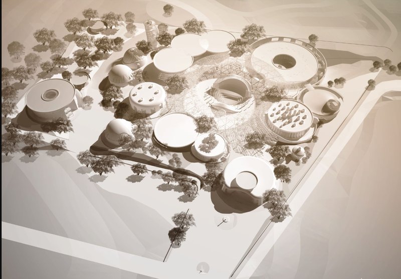 Aerial Perspective – A visionary sustainable village inspired by celestial formations, blending architecture with nature and culture.