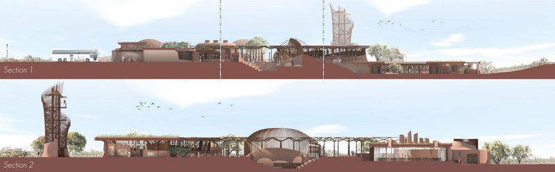 Architectural Sections – A structural breakdown of the interconnected spaces and sustainable elements.