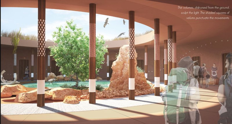 Central Courtyard – A natural oasis integrating sustainable design and indigenous aesthetics.
