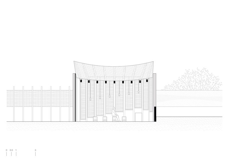 Section drawing showing the arched canopy roof over a space with vertical louvers and a seated figure