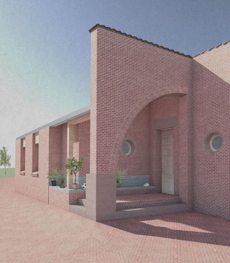 Exterior rendering of brick colonnade with arched recesses and patterned paving at dusk