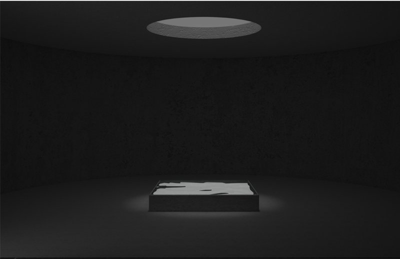 Rectangular platform beneath a circular skylight in a dark chamber