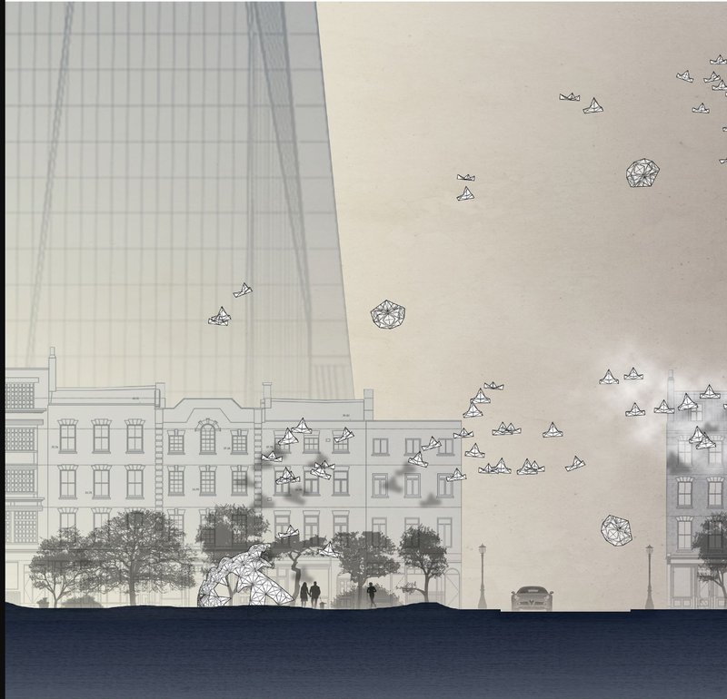Aerial Urban Integration – Floating structures dynamically interacting with cityscapes.