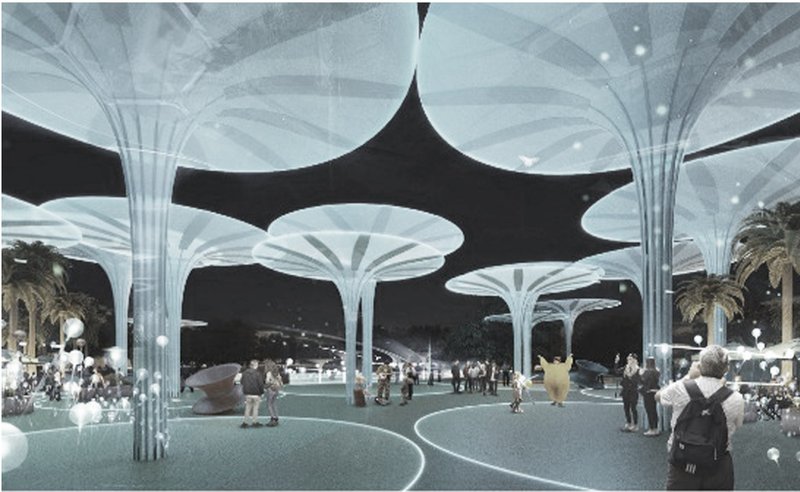 Futuristic Canopy Design – Illuminated structures enhancing the nighttime urban experience.